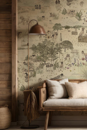 Dog Tales wallpaper by Victoria Sanders in green, a toile of dogs in the countryside behind a sofa in a living room