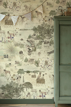 Dog Tales wallpaper by Victoria Sanders in green, a toile of dogs in the countryside in a hallway