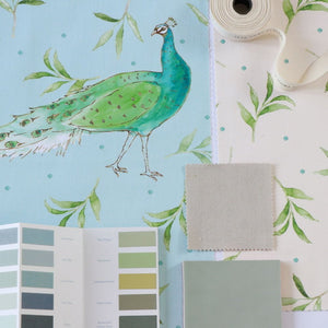 Peacock and Olive in Sky Blue- Cotton Drill