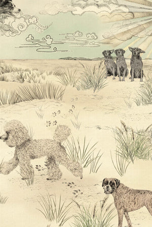 Dog Tales wallpaper by Victoria Sanders in green, pattern detail of a toile of dogs in the countryside (alternate view)