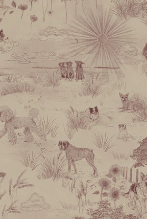 Dog Tales wallpaper by Victoria Sanders in burgundy, full repeat of a toile of dogs in the countryside