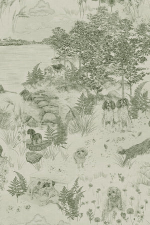 Dog Tales wallpaper by Victoria Sanders in green, flat sample of a toile of dogs in the countryside