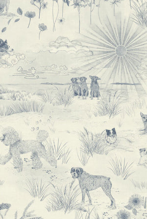 Dog Tales wallpaper by Victoria Sanders in blue and cream, close-up of a toile of dogs in the countryside (alternate view)