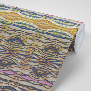 Arashi wallpaper by Tatie Lou in rust and pink, roll showing arashi shibori stripes