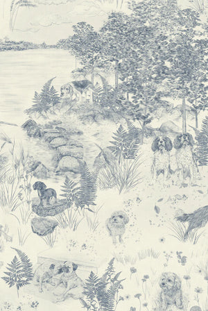 Dog Tales wallpaper by Victoria Sanders in blue and cream, pattern detail of a toile of dogs in the countryside