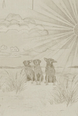 Dog Tales wallpaper by Victoria Sanders in cream, detail of a toile of dogs in the countryside