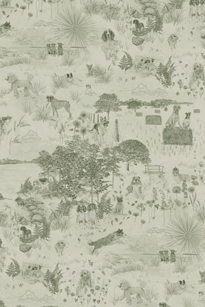 Dog Tales wallpaper by Victoria Sanders in green, pattern sample of a toile of dogs in the countryside (alternate view)