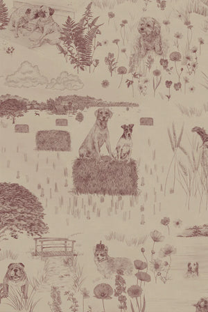 Dog Tales wallpaper by Victoria Sanders in burgundy, pattern sample of a toile of dogs in the countryside
