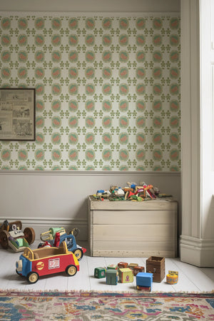 Flying Horse of the Silk Road wallpaper by Annika Reed in green and pink, flying horses in medallions in a child's room