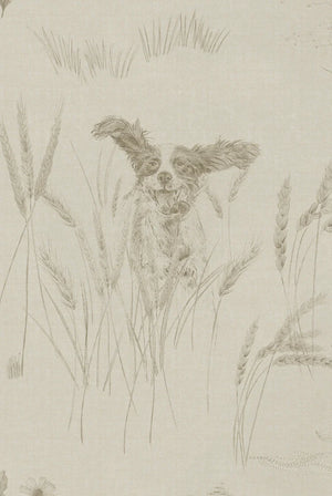 Dog Tales wallpaper by Victoria Sanders in cream, close-up of a toile of dogs in the countryside