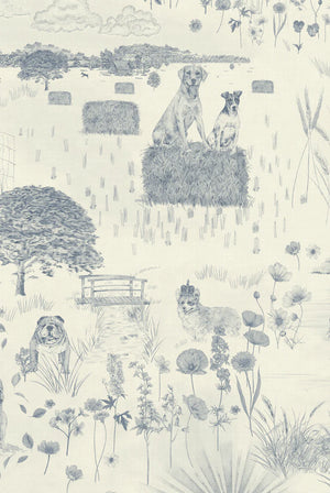 Dog Tales wallpaper by Victoria Sanders in blue and cream, close view of a toile of dogs in the countryside