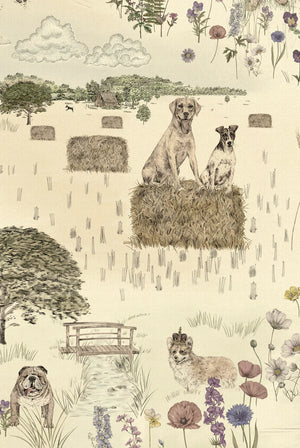 Dog Tales wallpaper by Victoria Sanders in green, close view of a toile of dogs in the countryside