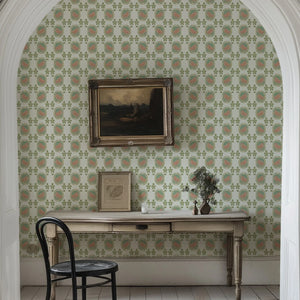 Flying Horse of the Silk Road wallpaper by Annika Reed in green and pink, flying horses in medallions in a dining area