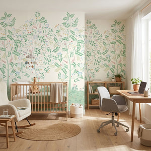 Marine wallpaper by Claire de Quénetain in green, a hand-painted floral design in a home office