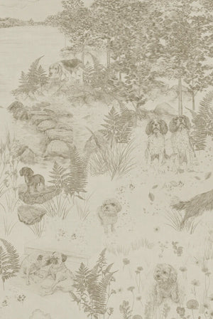 Dog Tales wallpaper by Victoria Sanders in cream, pattern sample of a toile of dogs in the countryside