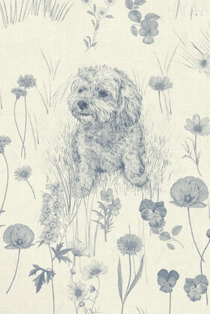 Dog Tales wallpaper by Victoria Sanders in blue and cream, detail of a toile of dogs in the countryside