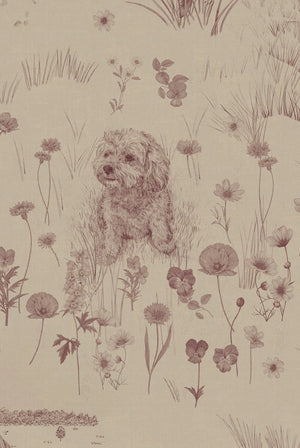 Dog Tales wallpaper by Victoria Sanders in burgundy, flat sample of a toile of dogs in the countryside