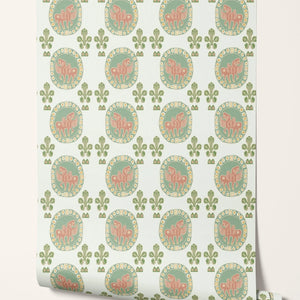 Flying Horse of the Silk Road wallpaper by Annika Reed in green and pink, full repeat of flying horses in medallions