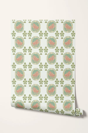 Flying Horse of the Silk Road wallpaper by Annika Reed in green and pink, full repeat of flying horses in medallions