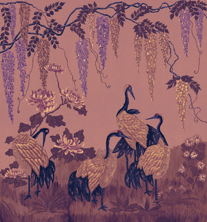 Wisteria Peony and Cranes Wallpaper