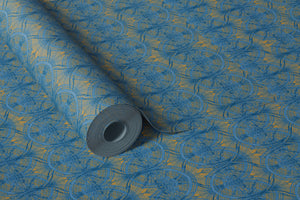 Indigo Lace on Antique Gold wallpaper by Dami and Em Design in blue, roll showing a lace pattern