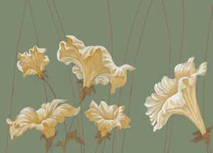 Dancing Flowers wallpaper by Dami and Em Design in pale green, flat sample of large dancing flowers