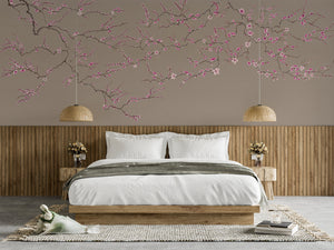 Blossom wallpaper by Dami and Em Design in beige, blossom branches in a bedroom