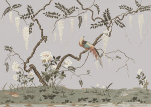 Birdsong By the Lake wallpaper by Dami and Em Design in pink, full repeat of birds and blossom by a lake