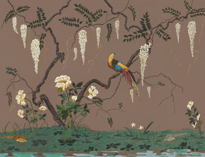 Birdsong By the Lake wallpaper by Dami and Em Design in brown, flat sample of birds and blossom by a lake