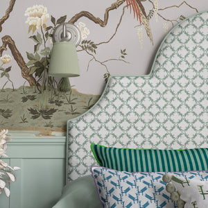 Birdsong By the Lake wallpaper by Dami and Em Design in pink, close-up of birds and blossom by a lake
