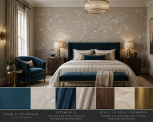 Peacock Garden in Bloom Wallpaper — Original bedroom mockup with petrol blue velvet