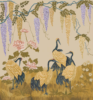 Wisteria Peony and Cranes wallpaper by Dami and Em Design in beige, flat sample of wisteria, peonies and cranes