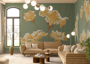Dancing Flowers wallpaper by Dami and Em Design in pale green, large dancing flowers in a living room