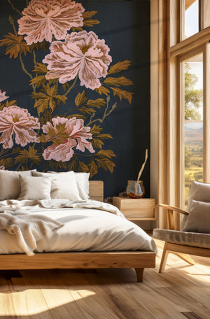 Whispers of Peony wallpaper by Dami and Em Design in charcoal, peonies in a bedroom