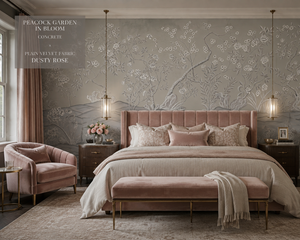 Peacock Garden in Bloom Wallpaper — Concrete bedroom mockup with dusty rose velvet