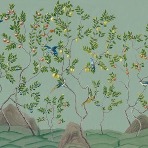 Citrus Trees wallpaper by Dami and Em Design in blue, full repeat of citrus trees