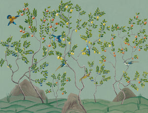 Citrus Trees wallpaper by Dami and Em Design in blue, full repeat of citrus trees
