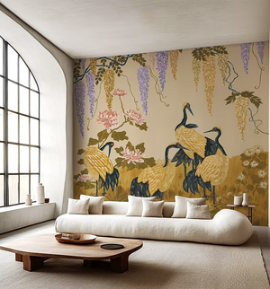 Wisteria Peony and Cranes Wallpaper