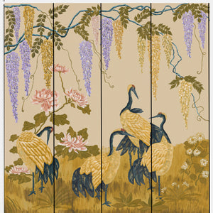 Wisteria Peony and Cranes wallpaper by Dami and Em Design in beige, full repeat of wisteria, peonies and cranes