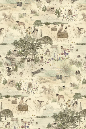 Dog Tales wallpaper by Victoria Sanders in green, flat sample of a toile of dogs in the countryside (alternate view)