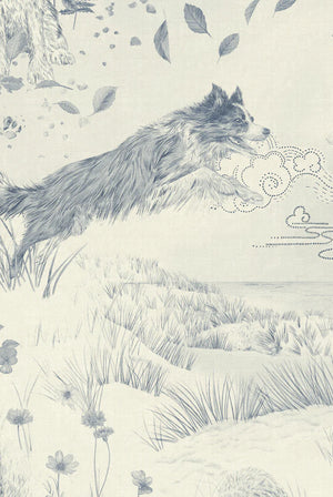 Dog Tales wallpaper by Victoria Sanders in blue and cream, close-up of a toile of dogs in the countryside