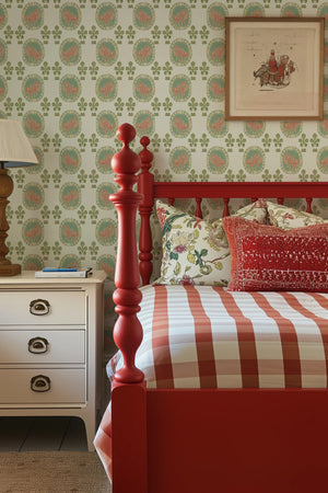 Flying Horse of the Silk Road wallpaper by Annika Reed in green and pink, flying horses in medallions in a bedroom