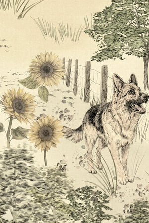 Dog Tales wallpaper by Victoria Sanders in green, close-up of a toile of dogs in the countryside