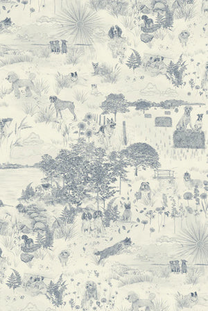 Dog Tales wallpaper by Victoria Sanders in blue and cream, flat sample of a toile of dogs in the countryside