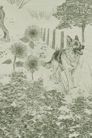 Dog Tales wallpaper by Victoria Sanders in green, pattern sample of a toile of dogs in the countryside