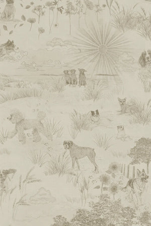 Dog Tales wallpaper by Victoria Sanders in cream, full repeat of a toile of dogs in the countryside
