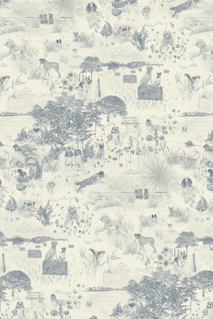 Dog Tales wallpaper by Victoria Sanders in blue and cream, full repeat of a toile of dogs in the countryside