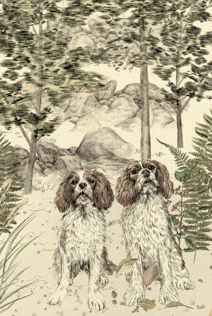 Dog Tales wallpaper by Victoria Sanders in green, pattern detail of a toile of dogs in the countryside