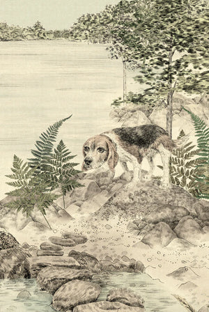 Dog Tales wallpaper by Victoria Sanders in green, full repeat of a toile of dogs in the countryside (alternate view)