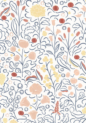 Beatrice wallpaper by Claire de Quénetain in red, full repeat of a hand-painted floral design